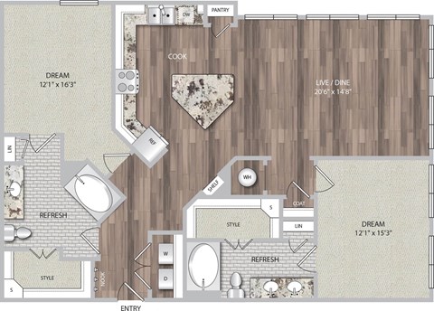 Floor plan for 2 beds, 2 baths, 1364 sqft